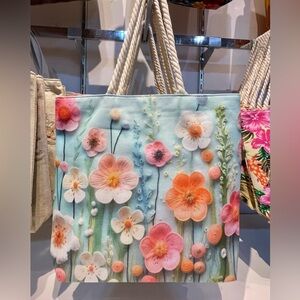 NEW Floral Embroidered Tote Bag - Blue with Pink & Peach Flowers